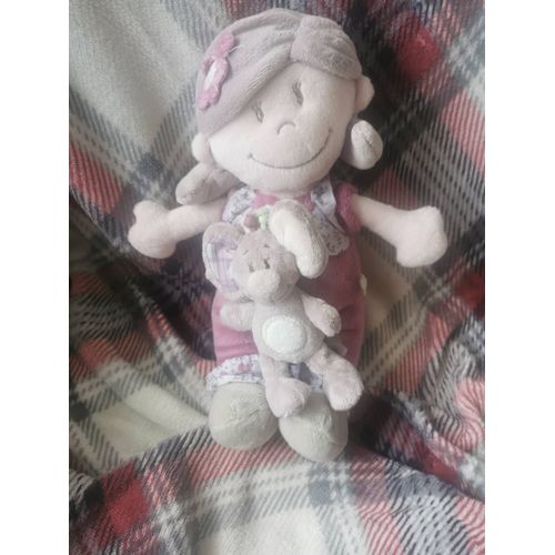 Doudou Poupée Nina Kenza Musicale Violette Parme Ecru Taupe Souris Tissus Écossais Fleurs Noukies