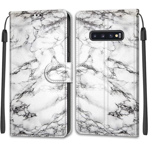 Tveinan Etui Coque Pour Samsung Galaxy S10, Case Antichoc Housse En Cuir À Rabat Pu Portefeuille, Emplacements Cartes, Fonction Support, Magnétique, Motif Joli Pour Samsung S10 - Marbre Blanc