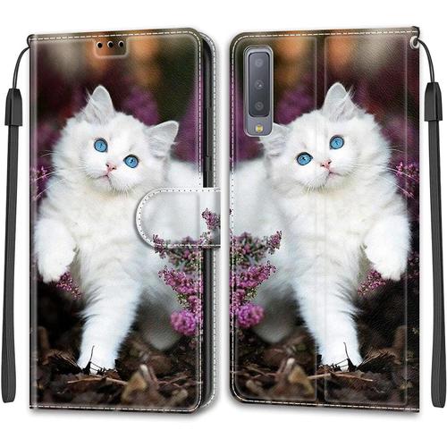 Tveinan Etui Coque Pour Samsung Galaxy A7 2018, Case Antichoc Housse En Cuir À Rabat Pu Portefeuille, Emplacements Cartes, Fonction Support, Magnétique, Motif Joli Pour Samsung A7 2018 - Chat Blanc