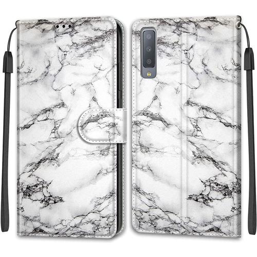 Tveinan Etui Coque Pour Samsung Galaxy A7 2018, Case Antichoc Housse En Cuir À Rabat Pu Portefeuille, Emplacements Cartes, Fonction Support, Magnétique, Motif Joli Pour Samsung A7 2018 - Marbre Blanc