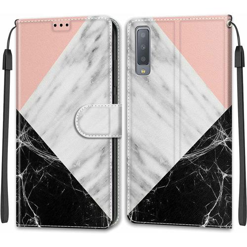 Tveinan Etui Coque Pour Samsung Galaxy A7 2018, Case Antichoc Housse En Cuir À Rabat Pu Portefeuille, Emplacements Cartes, Support, Magnétique, Motif Joli Pour Samsung A7 2018 - Rose Blanc Noir Marbre