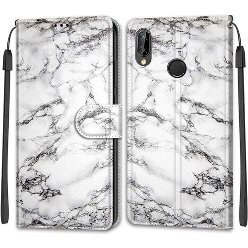 Tveinan Etui Coque Pour Huawei P20 Lite 2018, Case Antichoc Housse En Cuir À Rabat Pu Portefeuille, Emplacements Cartes, Support, Magnétique, Motif Joli Pour Huawei P20 Lite 2018 - Marbre Blanc