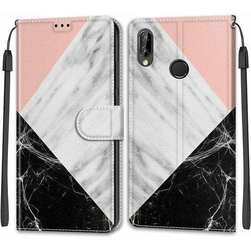 Tveinan Etui Coque Pour Huawei P20 Lite 2018, Case Antichoc Housse En Cuir À Rabat Pu Portefeuille, Emplacements Cartes, Magnétique, Motif Joli Pour Huawei P20 Lite 2018 - Rose Blanc Noir Marbre