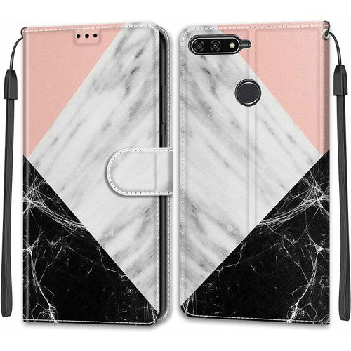 Tveinan Etui Coque Pour Huawei Y6 2018 / Honor 7a, Case Antichoc Housse En Cuir À Rabat Pu Portefeuille, Emplacements Cartes, Magnétique, Motif Joli Pour Huawei Y6 2018 - Rose Blanc Noir Marbre