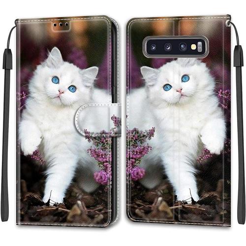 Tveinan Etui Coque Pour Samsung Galaxy S10 Plus, Case Antichoc Housse En Cuir À Rabat Pu Portefeuille, Emplacements Cartes, Fonction Support, Magnétique, Motif Joli Pour Samsung S10 Plus - Chat Blanc