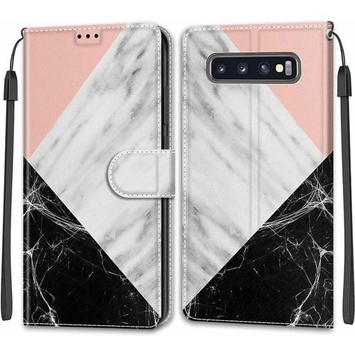 Tveinan Etui Coque Pour Samsung Galaxy S10 Plus, Case Antichoc Housse En Cuir À Rabat Pu Portefeuille, Emplacements Cartes, Magnétique, Motif Joli Pour Samsung S10 Plus - Rose Blanc Noir Marbre