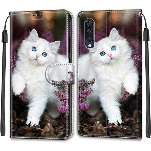 Tveinan Etui Coque Pour Samsung Galaxy A50 2019 / A30s, Case Antichoc Housse En Cuir À Rabat Pu Portefeuille, Emplacements Pour Cartes, Magnétique, Motif Joli Pour Samsung A50 2019 / A30s - Chat Blanc