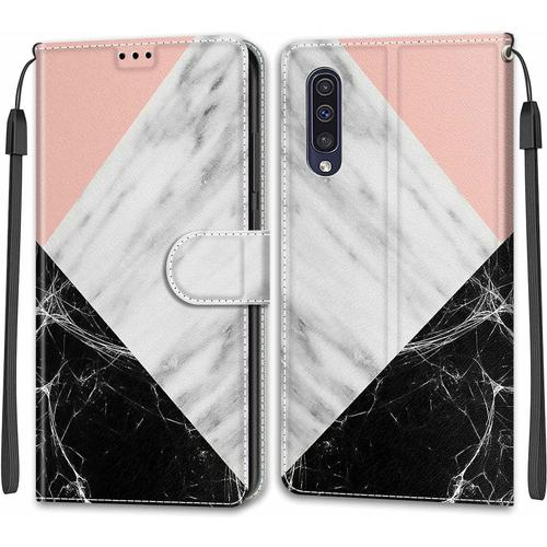 Tveinan Etui Coque Pour Samsung Galaxy A50 2019 / A30s, Case Antichoc Housse En Cuir À Rabat Pu Portefeuille, Emplacements Pour Cartes, Magnétique, Samsung A50 2019 - Rose Blanc Noir Marbre