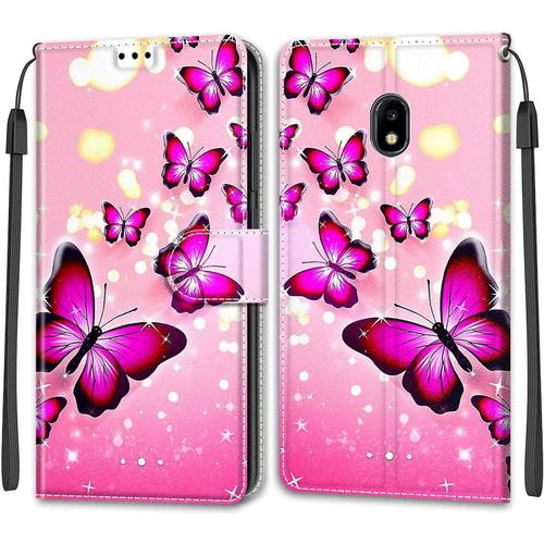 Tveinan Etui Coque Pour Samsung Galaxy J3 2017 J330, Case Antichoc Housse En Cuir À Rabat Pu Portefeuille, Emplacements Pour Cartes, Magnétique, Motif Joli Pour Samsung J3 2017 J330 - Papillon Rose