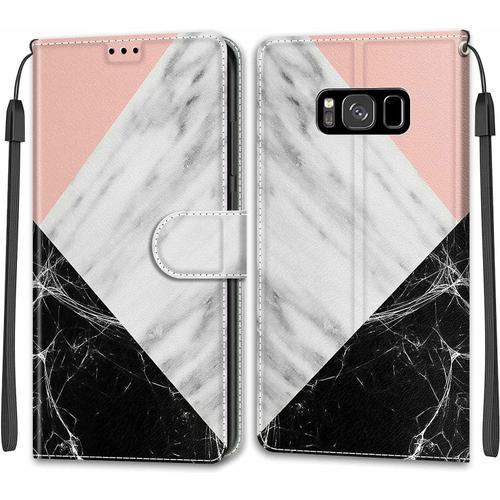 Tveinan Etui Coque Pour Samsung Galaxy S8, Case Antichoc Housse En Cuir À Rabat Pu Portefeuille, Emplacements Pour Cartes, Fonction Magnétique, Motif Joli Pour Samsung S8 - Rose Blanc Noir Marbre