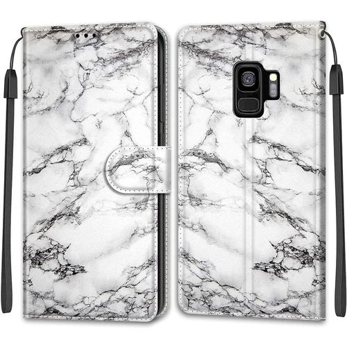 Tveinan Etui Coque Pour Samsung Galaxy S9 Plus, Case Antichoc Housse En Cuir À Rabat Pu Portefeuille, Emplacements Pour Cartes, Fonction Magnétique, Motif Joli Pour Samsung S9 Plus - Marbre Blanc