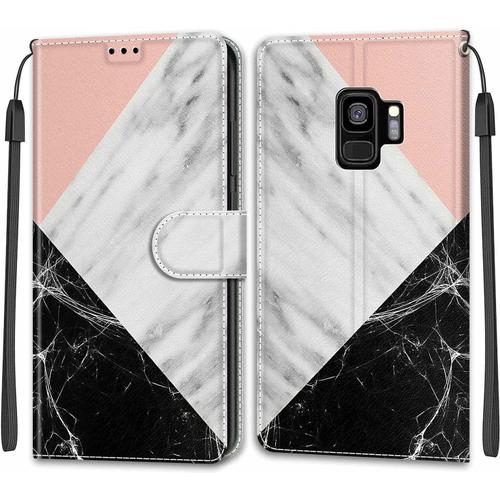 Tveinan Etui Coque Pour Samsung Galaxy S9 Plus, Case Antichoc Housse En Cuir À Rabat Pu Portefeuille, Emplacements Pour Cartes, Magnétique, Motif Joli Pour Samsung S9 Plus - Rose Blanc Noir Marbre