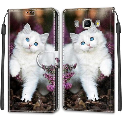 Tveinan Etui Coque Pour Samsung Galaxy J5 2016, Case Antichoc Housse En Cuir À Rabat Pu Portefeuille, Emplacements Pour Cartes, Fonction Magnétique, Motif Joli Pour Samsung J5 2016 - Chat Blanc