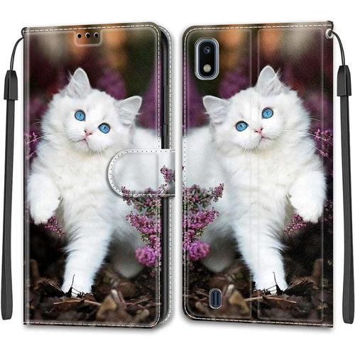 Tveinan Etui Coque Pour Samsung Galaxy A10 2019, Case Antichoc Housse En Cuir À Rabat Pu Portefeuille, Emplacements Pour Cartes, Fonction Magnétique, Motif Joli Pour Samsung A10 2019 - Chat Blanc