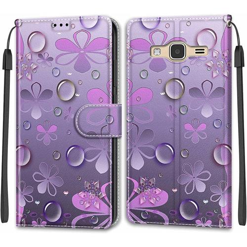 Tveinan Coque Pour Samsung Galaxy J3 2015/2016 Etui, Case Antichoc Housse En Cuir À Rabat Pu Portefeuille, Emplacements Cartes, Support, Magnétique, Pour Samsung J3 2015/2016 - Fleur Mauve