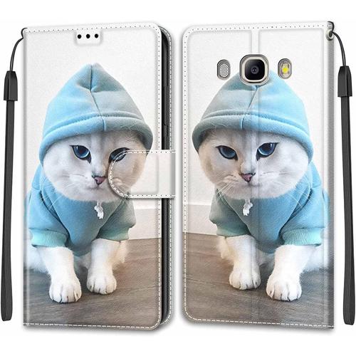 Tveinan Coque Pour Samsung Galaxy J5 2016 Etui, Case Antichoc Housse En Cuir À Rabat Pu Portefeuille, Emplacements Cartes, Fonction Support, Magnétique, Motif Joli Pour Samsung J5 2016 - Chat Bleu