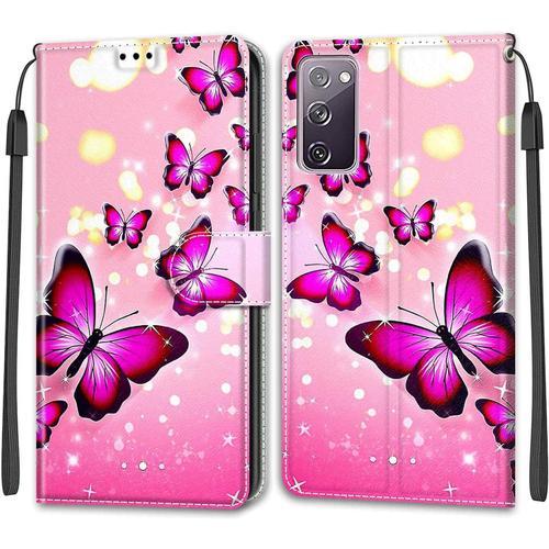 Tveinan Coque Cuir Pour Samsung Galaxy S20 Fe 4g 5g 2022 360 Degrés Silicone Antichoc Magnetique Housse Motif Joli Flip Case Pour Samsung S20 Fe 5g Étui Filles Femme Garçons Papillon Rose