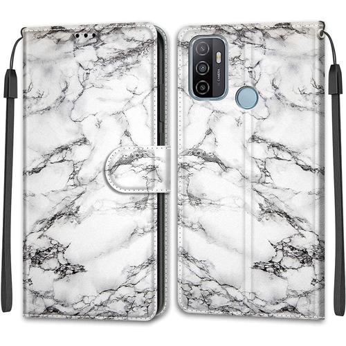 Tveinan Coque Cuir Pour Oppo A53 / Oppo A53s / A33 / A32 2020, 360 Degrés Silicone Antichoc Magnetique Housse Motif Joli Flip Case Pour Oppo A53 Étui Filles Femme Garçons - Marbre Blanc