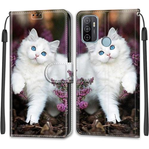 Tveinan Coque Cuir Pour Oppo A53 / Oppo A53s / A33 / A32 2020, 360 Degrés Silicone Antichoc Magnetique Housse Motif Joli Flip Case Pour Oppo A53 Étui Filles Femme Garçons - Chat Blanc