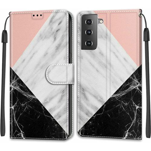 Tveinan Coque Cuir Pour Samsung Galaxy S21 5g, 360 Degrés Silicone Antichoc Magnetique Housse Motif Joli Flip Case Pour Samsung S21 5g Étui Filles Femme Garçons - Rose Blanc Noir Marbre