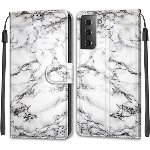 Tveinan Coque Cuir Pour Samsung Galaxy S21 5g, 360 Degrés Silicone Antichoc Magnetique Housse Motif Joli Flip Case Pour Samsung S21 5g Étui Filles Femme Garçons - Marbre Blanc