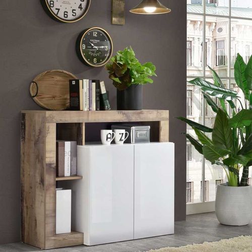 Buffet 2 Portes Blanc Laqué Brillant/Bois Fumé - Ischia