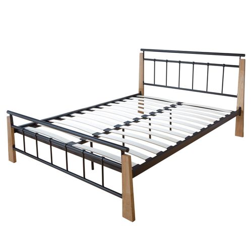 Lit Adulte 2 Personnes En Métal Noir Et Bois Brun Clair 160 X 200cm Avec Sommier À Lattes Lit06063
