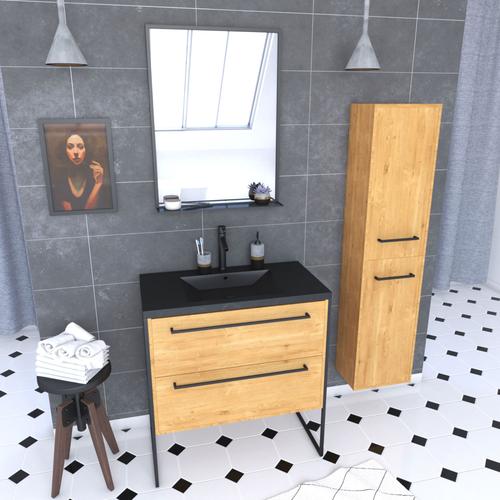 Pack Meuble De Salle De Bain 80x50cm Chene Brun - 2 Tiroirs Chene Brun - Vasque Resine Noire