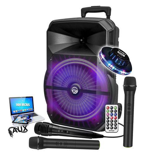 Enceinte DJ sono Karaoké MYDJ MDJ-12 RVB LEDs, 600W 12" USB, Bluetooth, PC, Application, 2 Micros VHF et 1 filaire, lumière OVNI