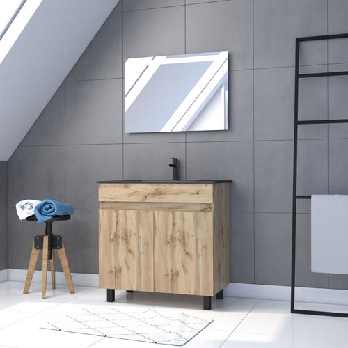 Meuble Salle De Bain 80x80 - Finition Chene Naturel + Vasque Noire + Miroir Led - Timber 80 - Pack06