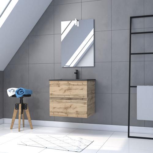 Meuble Salle De Bain 60x54 - Finition Chene Naturel + Vasque Noire + Miroir Led - Timber 60 - Pack29