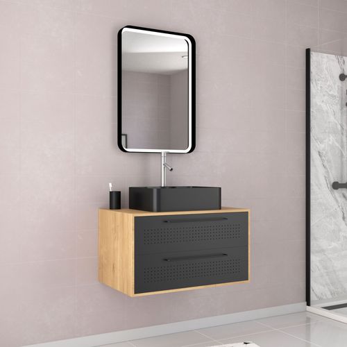 Meuble Salle De Bains 80 Cm, Vasque Rectangulaire Et Miroir Led - Chêne Naturel Et Noir Mat - Uby
