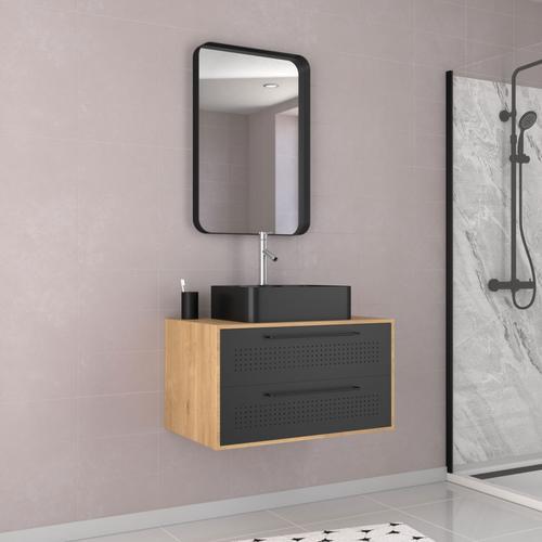 Meuble Salle De Bains 80 Cm, Vasque Rectangulaire Et Miroir - Chêne Naturel Et Noir Mat - Uby