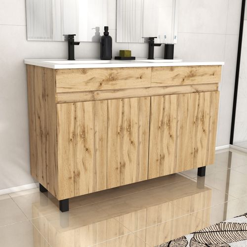 Meuble De Salle De Bains 120cm 4 Portes_Chêne Industriel + Vasque Céramique Blanche - Timber 120