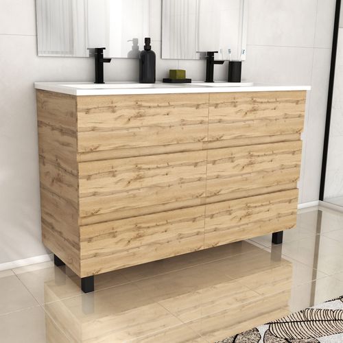 Meuble De Salle De Bains 120cm 6 Tiroirs_Chêne Industriel + Vasque Céramique Blanche - Timber 120