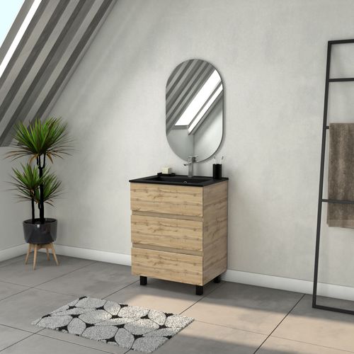 Meuble Salle De Bains 60cm 3 Tiroirs Chêne Industriel + Vasque Noire Et Miroir Ovale