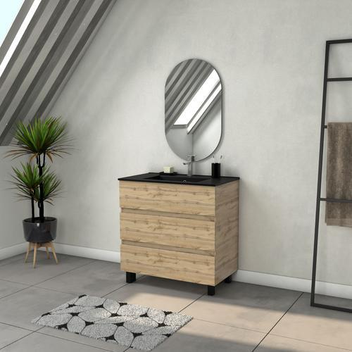 Meuble Salle De Bains 80cm 3 Tiroirs Chêne Industriel + Vasque Noire Et Miroir Ovale