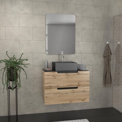 Meuble Salle De Bains 80 Cm 2 Tiroirs - Chêne Et Noir - Vasque Carrée - Miroir 60x80 - Omega