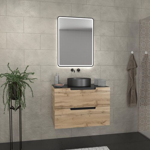 Meuble Salle De Bains 80 Cm 2 Tiroirs - Chêne Et Noir - Vasque Ronde - Miroir Black Led - Omega