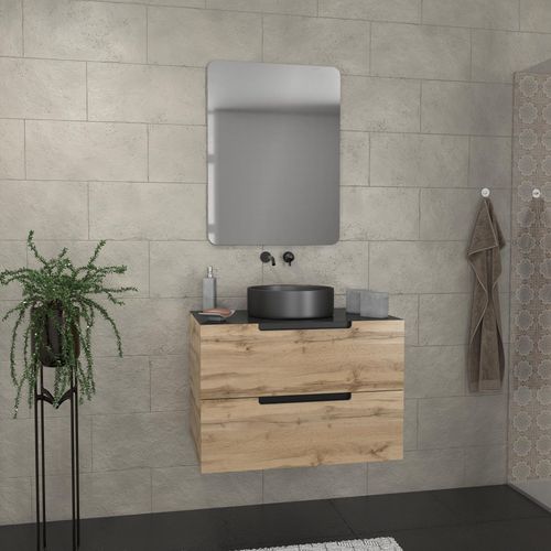 Meuble Salle De Bains 80 Cm 2 Tiroirs - Chêne Et Noir - Vasque Ronde - Miroir 60x80 - Omega