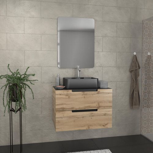Meuble Salle De Bains 80 Cm 2 Tiroirs - Chêne Et Noir - Vasque Rectangle - Miroir 60x80 - Omega