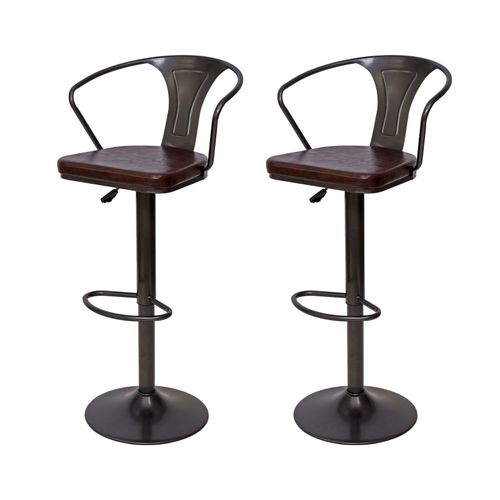 2x Tabourets De Bar En Synthétique Marron Et Métal Noir Style Industrielle Avec Accoudoirs Tdb04055