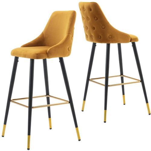 2x Tabourets De Bar En Velours Jaune Avec Dossier Capitonné Et Repose-Pieds Métal Noir Et Or Tdb09206