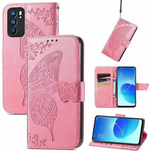 Coque Pour Oppo Reno 6 5g (Reno6 5g), Étui Magnétique En Cuir Souple Pu Gaufré Papillon, Housse Avec Support Et Fonction De Fente Pour Carte Case Cover. Rose