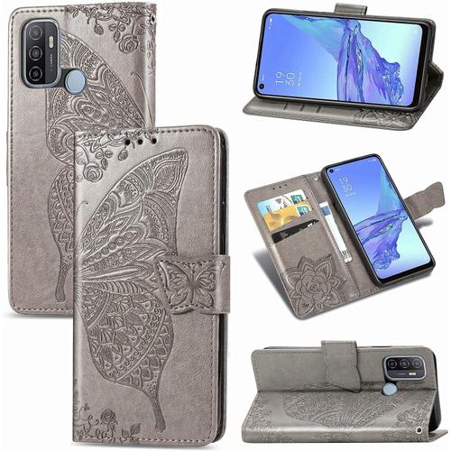 Coque Pour Oppo A53 # A53s/A55 5g, Étui Magnétique En Cuir Souple Pu Gaufré Papillon, Housse Avec Support Et Fonction De Fente Pour Carte Case Cover. Gris