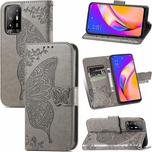 Coque Pour Oppo A94 5g/Reno 5z(Reno5 Z), Étui Magnétique En Cuir Souple Pu Gaufré Papillon, Housse Avec Support Et Fonction De Fente Pour Carte Case Cover. Gris