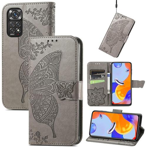 Coque Pour Xiaomi Redmi Note 11 Pro 4g / 5g, Étui Magnétique En Cuir Souple Pu Gaufré Papillon, Housse Avec Support Et Fonction De Fente Pour Carte Case Cover. Gris