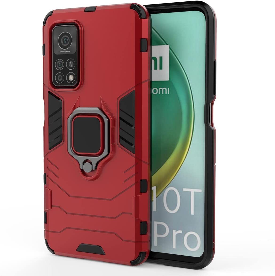 Coque Pour Xiaomi Mi 10t # 10t Pro, Étui En Avec Anneau Pivotant À 360 Degrés, Housse Fine En Tpu/Pc Silicone Souple Antichoc, Support Bumper Case Cover. Rouge