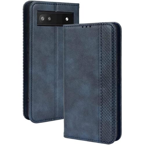 Coque Pour Google Pixel 6a En Cuir Pu De Style Portefeuille Support De Fermeture Magnétique Fente Pour Carte Full Side Drop Housse De Étui Bleu