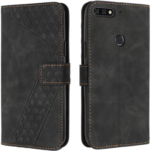 Coque Pour Huawei Y7 2018/Honor 7c/Y7 Prime 2018, Etui Protection Housse Premium En Cuir Pu Portefeuille Étui Téléphone [Fermoir Magnétique] [Fentes Pour Cartes] Flip Case (Noir)